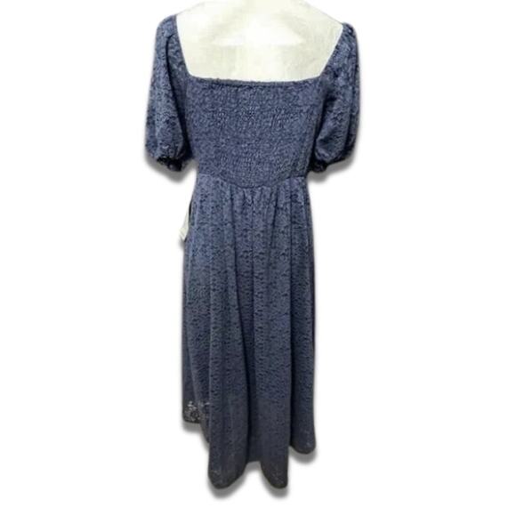 NSR Soft Lace Dress Hi-Low Hemline Puff Sleeves Fully Lined Navy Blue Medium NWT - Picture 4 of 9